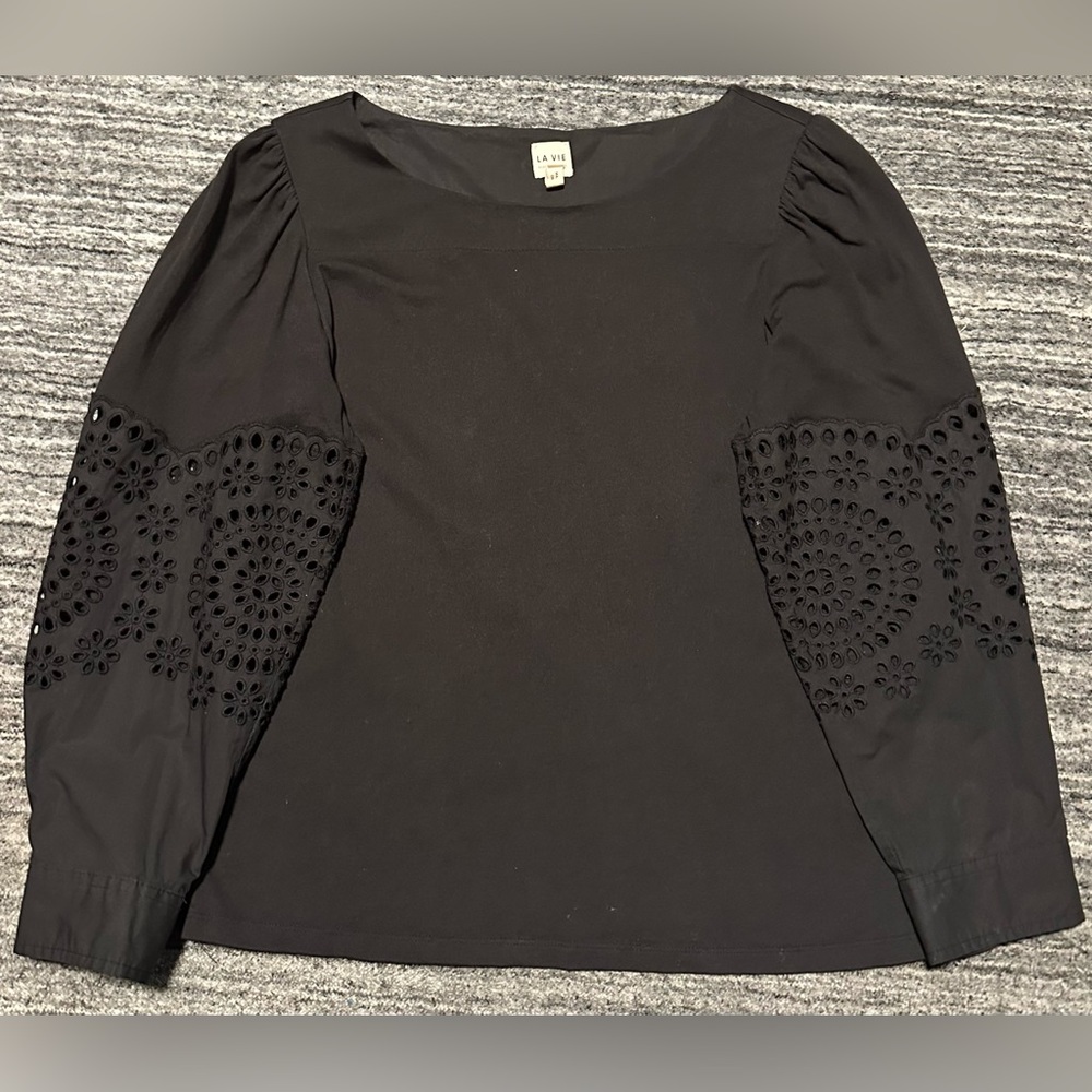 La Vie Rebecca Taylor Black Top with Eyelet Sleeves - Size Small
